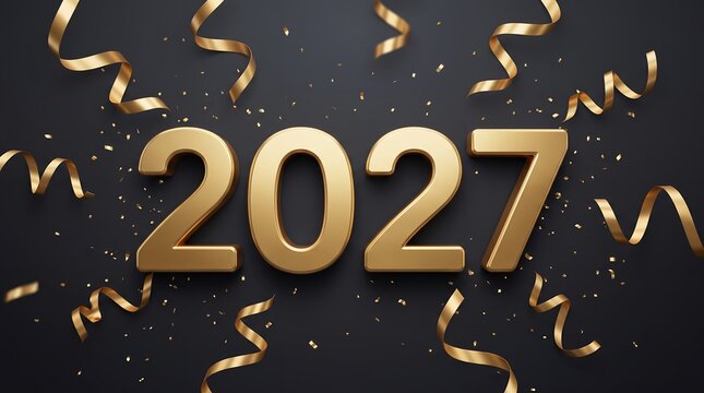 Gold three dimensional numbers twenty twenty seven surrounded by falling metallic festive ribbons and glitter confetti particles representing a happy holiday celebration of the upcoming new