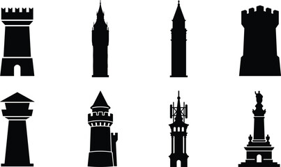 Obraz premium Medieval Tower Silhouette Icon Set Collection with Historic Watchtowers Castles Landmarks and Monument Vector Symbols