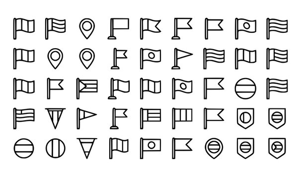 National flag outline icons set linear vector symbols of country banners international map pins and state emblems