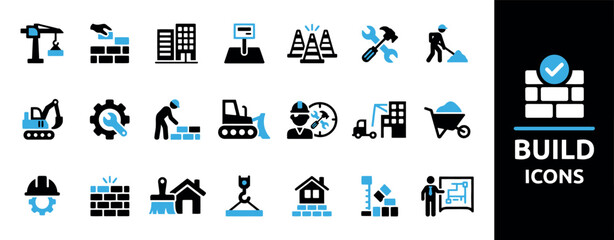 Heavy Equipment Icons Crane Bulldozer Excavator Machinery Set © Icon Stock