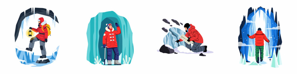 Vector illustration set featuring explorers and adventurers navigating icy caves, glaciers, and snowy landscapes in cold arctic environments. © Muqodimatul