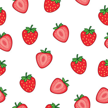 Cute Strawberry Seamless Pattern Background, Fresh Summer Fruit Flat Vector Illustration