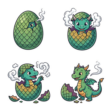 Cute cartoon dragon hatching from egg in stages