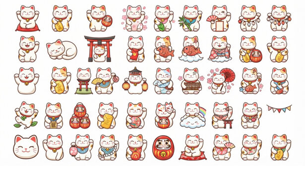 Kawaii Maneki Neko Vector Pack Featuring Japanese Lucky Cats Bells Gold Coins and Traditional Cartoon Symbols