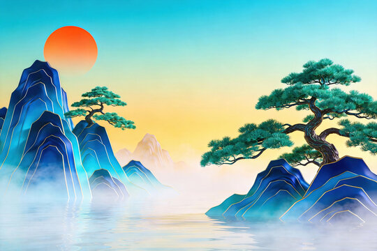 Symmetric Welcome Pine Trees With Blue Mountains And Gradient Red Sky