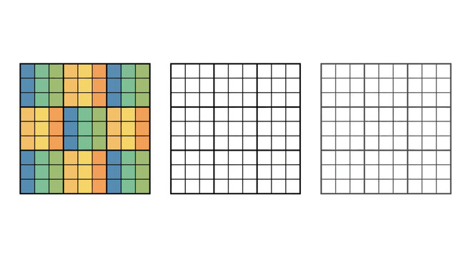 Set of colorful and blank nine by nine grid templates