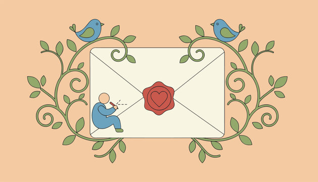 Artistic illustration of a small person on a big envelope with a heart wax seal, floral branches, and birds.