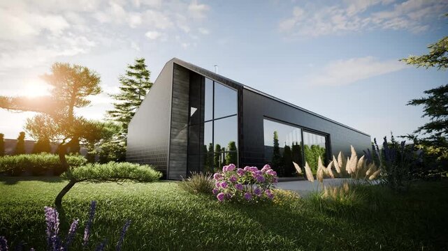 Modern Scandinavian Barn House Exterior with Blooming Garden &ndash; Slow Right Camera Slide and Gentle Crane Up, Cinematic 3D Animation