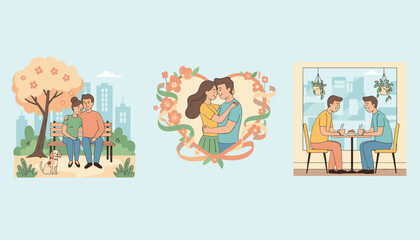 Fototapeta premium Collection of three romantic scenes showing couples on a park bench, hugging, and sharing coffee at a cafe.
