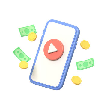 Smartphone Displaying Play Button surrounded by Falling Money and Coins Illustrating Financial Success through Digital Content Creation.3d render