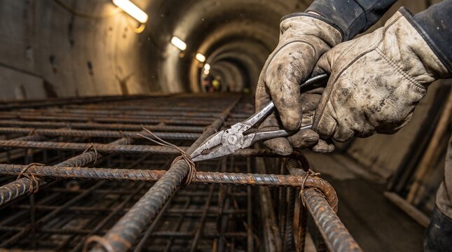 Construction worker hands tying rebar in tunnel construction site.