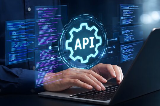 API development. Engineer using laptop computer to design API. Programmer writing code based on the specifications.