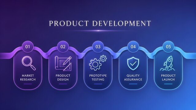 Glowing neon product development timeline infographic on dark background featuring market research design testing quality assurance and launch steps