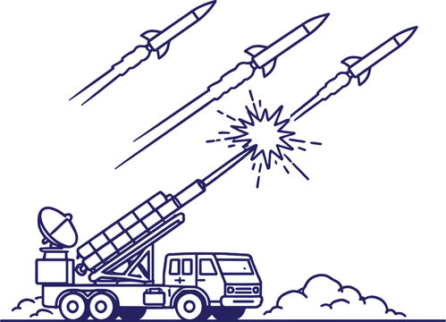 Air Defence System Intercepting Missiles Line Art Sketch, Military Missile Defense Illustration