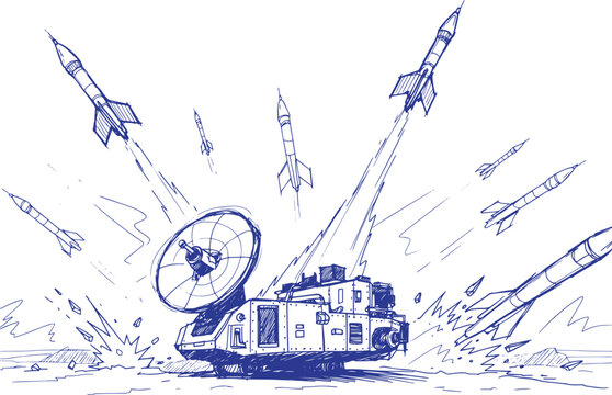 Air Defence System Intercepting Missiles Line Art Sketch, Military Missile Defense Illustration