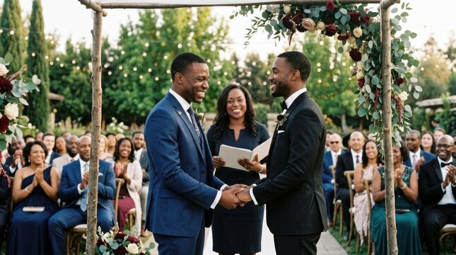 Two men in blue suits exchanging vows under a wooden arch with floral decorations.