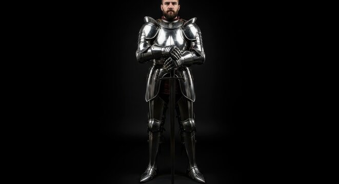 Full Body Portrait of a Medieval Knight in Polished Steel Plate Armor Holding a Sword on Black Background