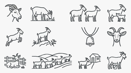 Fototapeta premium Elegant Black and White Line Art Illustrations of Goats in Various Scenes and Activities with high quality professional line art symbols for modern creative design and digital branding projects