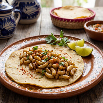 Traditional Mexican Maguey Worm Tacos with Chili Powder, Fresh Lime, and Parsley on a Rustic Wooden Table