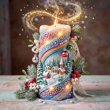 An Enchanting Christmas Candle Featuring a Glowing Winter Village Scene with Rainbow Accents and Magical Golden Sparkles
