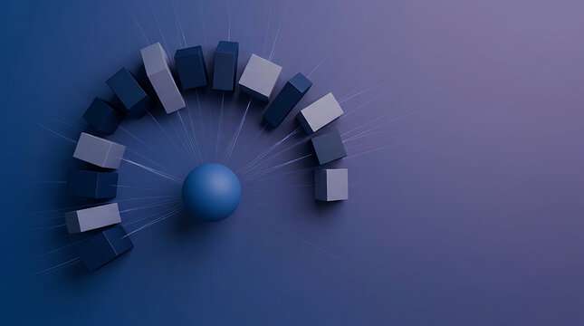 Abstract 3D sphere surrounded by floating connected dark blocks