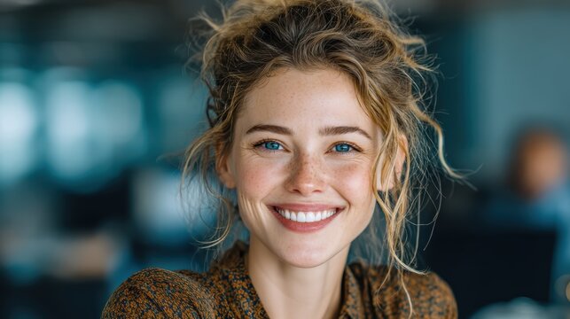 Portrait of a happy young businesswoman with beautiful blue eyes and natural freckles smiling in a modern office environment.