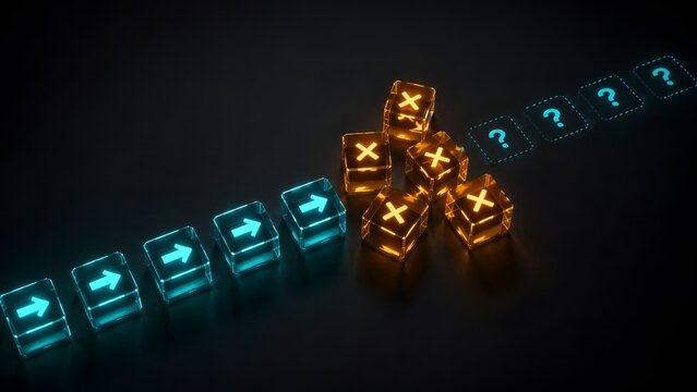 3D render of glowing neon arrow cubes facing glowing cross cubes representing digital conflict obstacle and technological roadblock on dark background