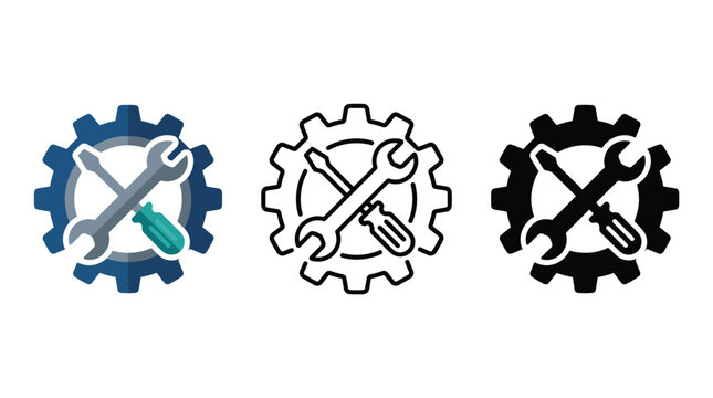 Technical support service icons set with cross wrench and screwdriver inside a gear wheel showing colorful linear and silhouette