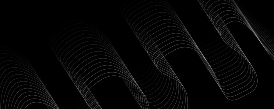 Abstract 3D white wave grid lines on black background.