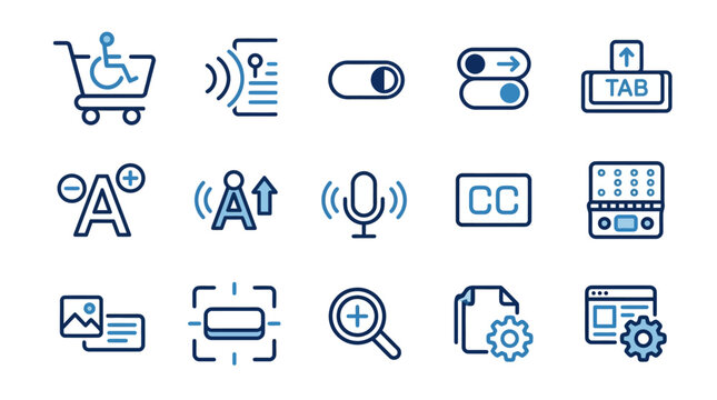 Corporate Accessibility and Digital Function Icons Set Minimalist Blue and White Illustrations with high quality professional line art symbols for modern creative design and digital branding projects