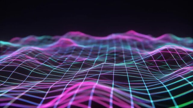 Abstract Purple Fractal Wave Background with Glowing Lines and Grid Pattern for Technology, Virtual Reality, Science, Space, and Digital Design Concept Wallpaper