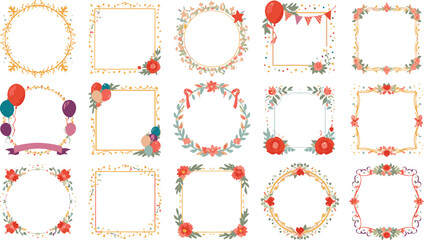 Floral and party celebration frame set with balloons flowers bunting vector illustration for greeting cards © Rumi