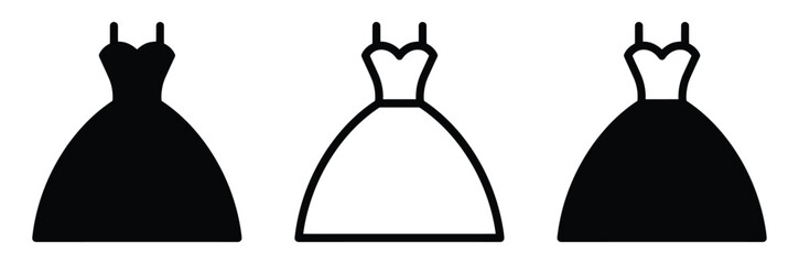 Wedding dress icon set for bridal fashion boutique and marriage celebration symbol. Elegant evening gown, luxury prom dress silhouette, female apparel clothing line art vector illustration. © Welcome