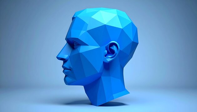 Blue transparent human head with brain and thoughts concept.