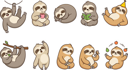 Fototapeta premium Cute cartoon sloth vector character collection featuring a friendly baby animal sleeping hanging reading coffee juggling birthday hat in various happy poses