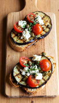 Gourmet Toasted Bruschetta Featuring Grilled Eggplant Tomatoes Feta Capers Parsley