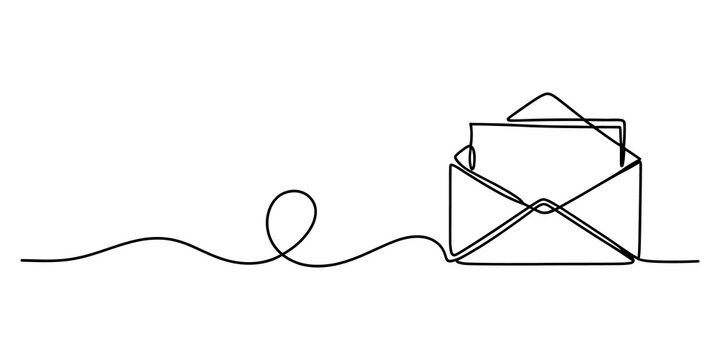 Continuous single line drawing of an open envelope with a letter inside