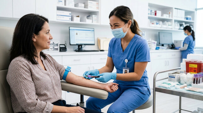 Nurse taking blood sample from patient in clinic