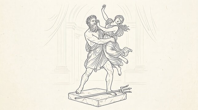 Mythological scene showing a man lifting a resisting woman in line art