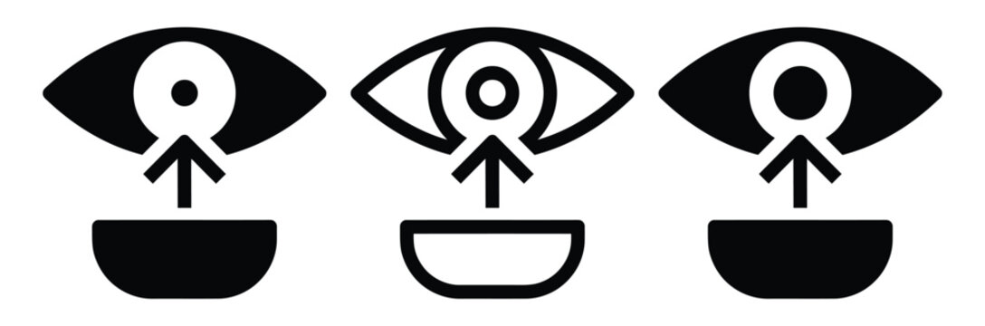 Contact lens vector icon set. Eye care, vision correction, and lens insertion symbol. Minimalist black silhouette and outline graphic design element for optometry. Vector Illustration.