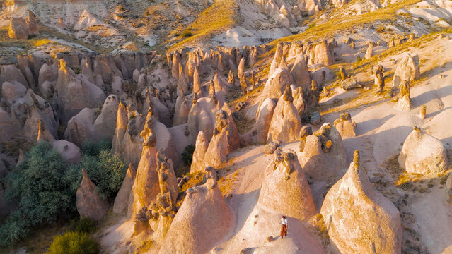 Goreme, Nevsehir, Turkey. Fantasy landscape of Devrent Valley with alien-like rock formations and surreal colors during evening hours.. Aerial View
