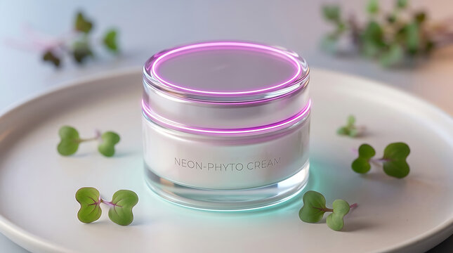 Neon phyto cream jar on white plate with green leaves  natural skincare product  beauty and wellness  plant based