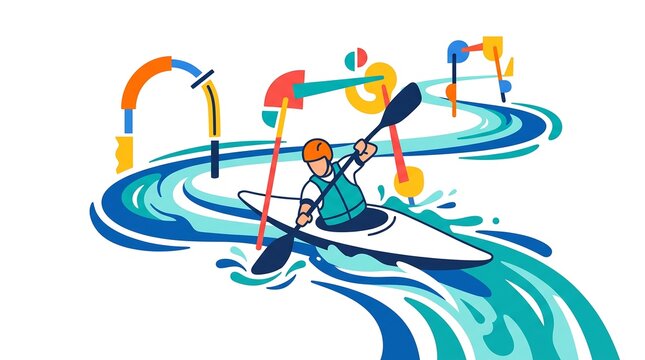 Minimal flat vector illustration of canoe slalom through playful abstract water gates, dynamic composition, white background
