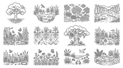 Minimalist Black and White Line Art Illustrations of Nature Scenes and Wildlife Habitats with Detailed Botanical Elements © na