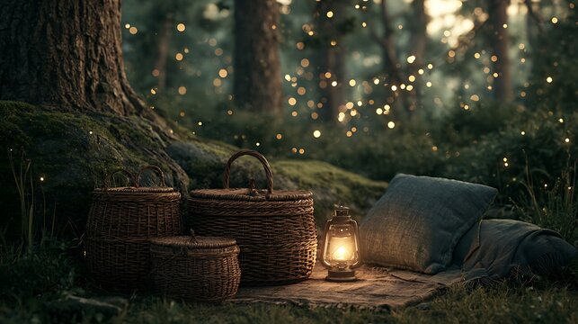 A cozy rustic picnic setup with wicker baskets and glowing lantern in a magical forest. Dreamy evening outdoor leisure.