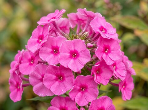 Vibrant cluster of pink phlox flowers blooming beautifully in a lush summer garden with soft bokeh background.