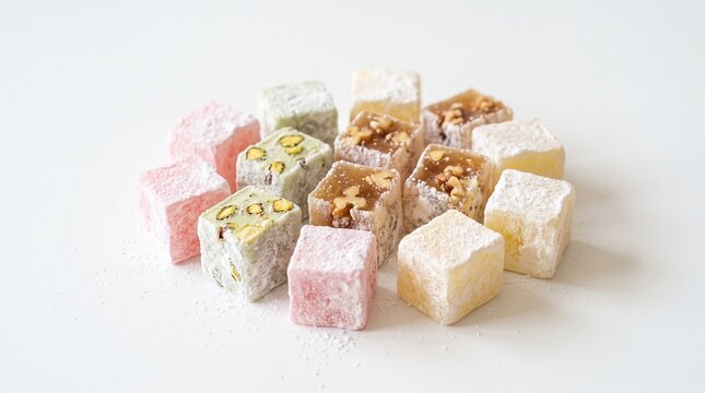 Turkish candy coated in fine white sugar on a white background 
