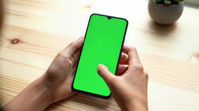 Hands holding smartphone with green screen on wooden table in natural light
