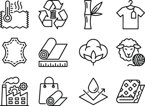 Sustainable textile production and fabric material vector line icon set including cotton wool leather bamboo recycling garment manufacturing illustration.