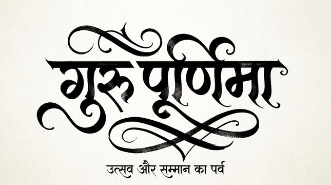 a bold, ornate calligraphic Devanagari wordmark that reads "गुरु पूर्णिमा" in crisp black ink on a pristine white background.